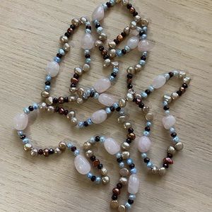 HONORA CULTURED PEARL NECKLACE-54” Black White Natural, Knotted W Rose Quartz